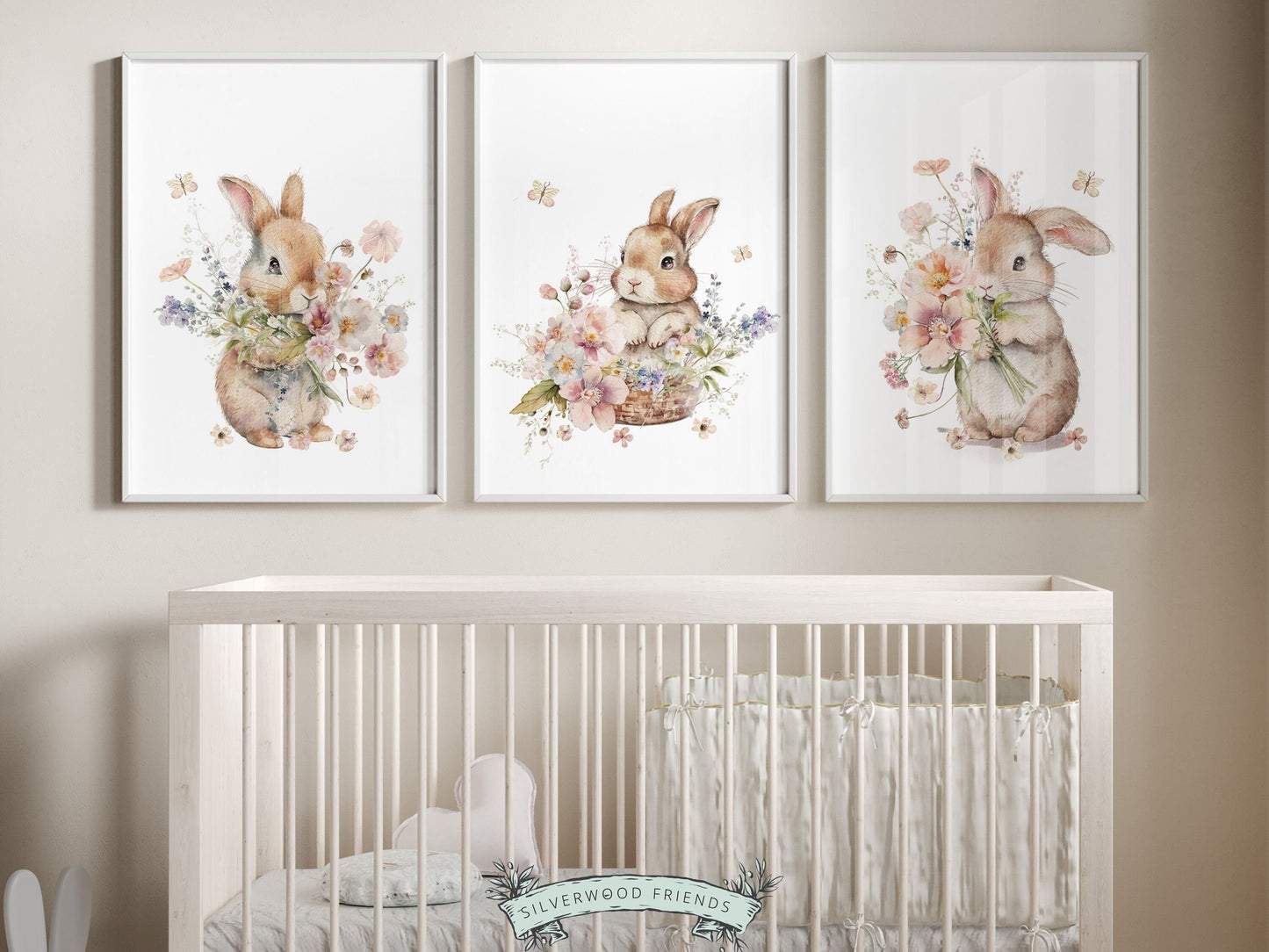 Our gorgeous Bunny Nursery Prints with watercolor bunny rabbits, wildflowers and butterflys, are perfect for your little girls wildflower nursery decor and also makes a unique baby shower gift.