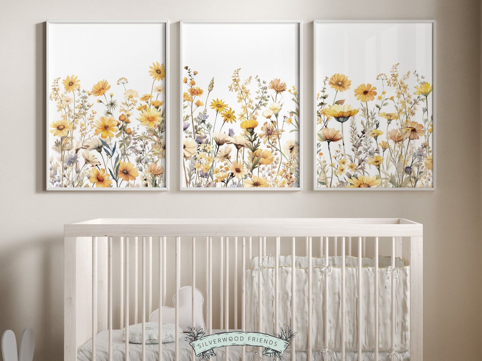 Our gorgeous Wildflower Nursery Prints with watercolor yellow meadow wildflowers is perfect for your wildflower nursery decor or boho nursery theme and also makes a unique baby shower gift.