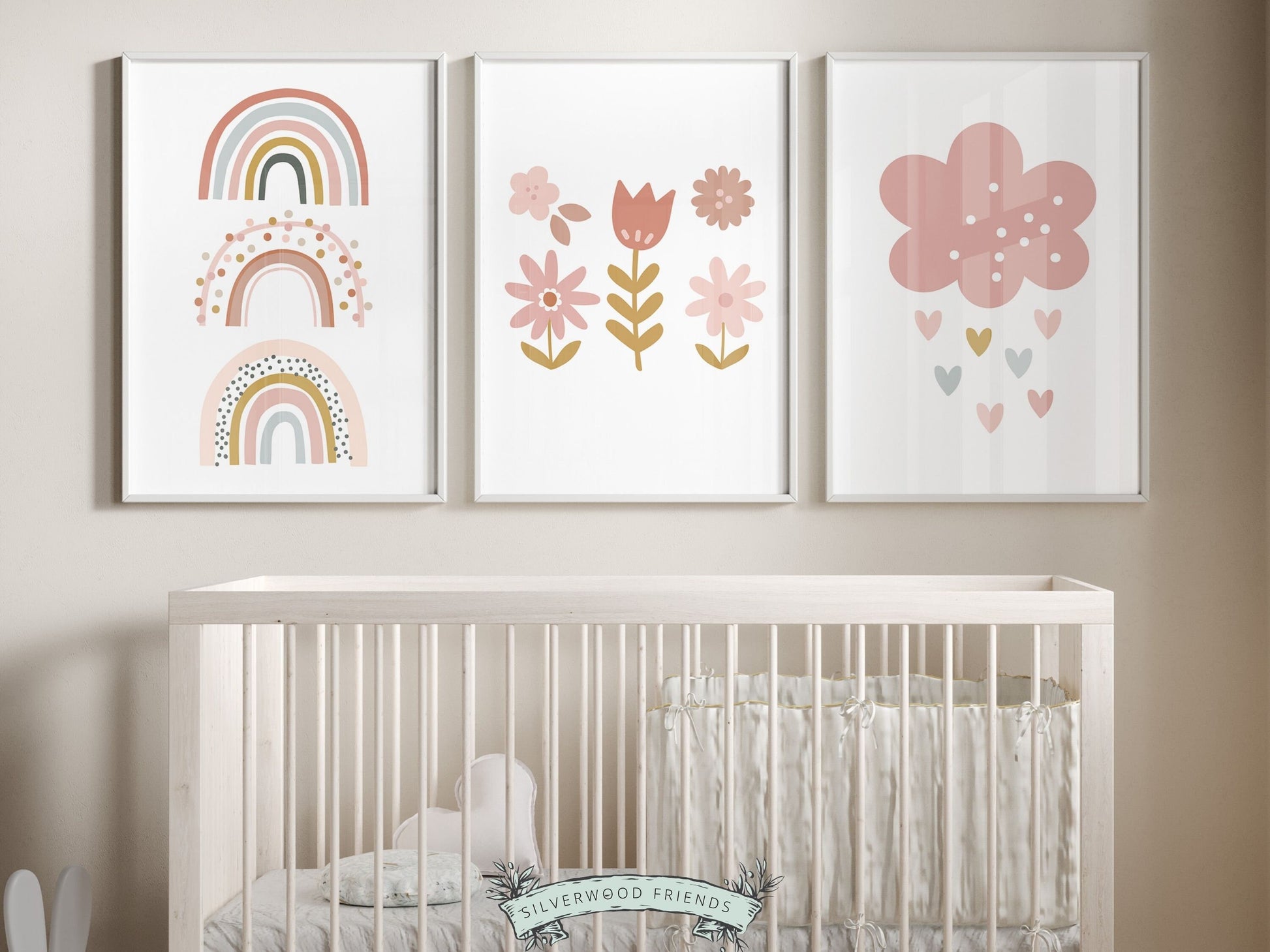 Our gorgeous Boho Rainbow Nursery Prints with Scandi rainbow, wildflowers and love hearts is perfect for your baby girls boho nursery decor and also makes a lovely baby shower gift.