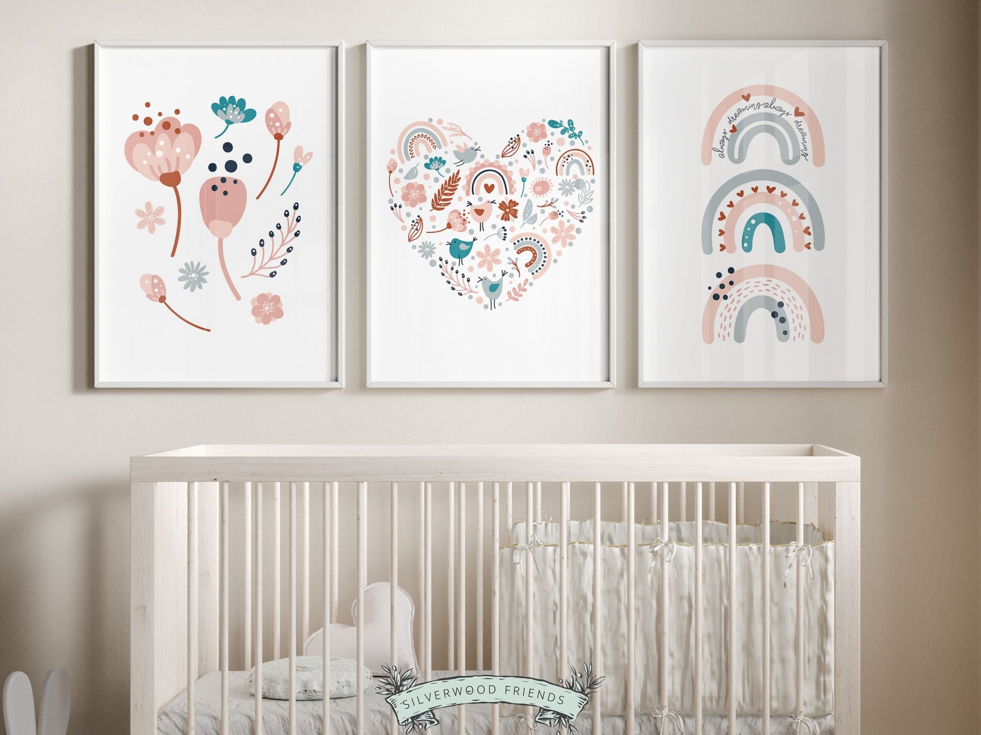 Our gorgeous Pastel Boho Rainbow Nursery Prints with Nordic rainbow, wildflowers and love heart is perfect for your baby girls boho nursery decor and also makes a lovely baby shower gift.