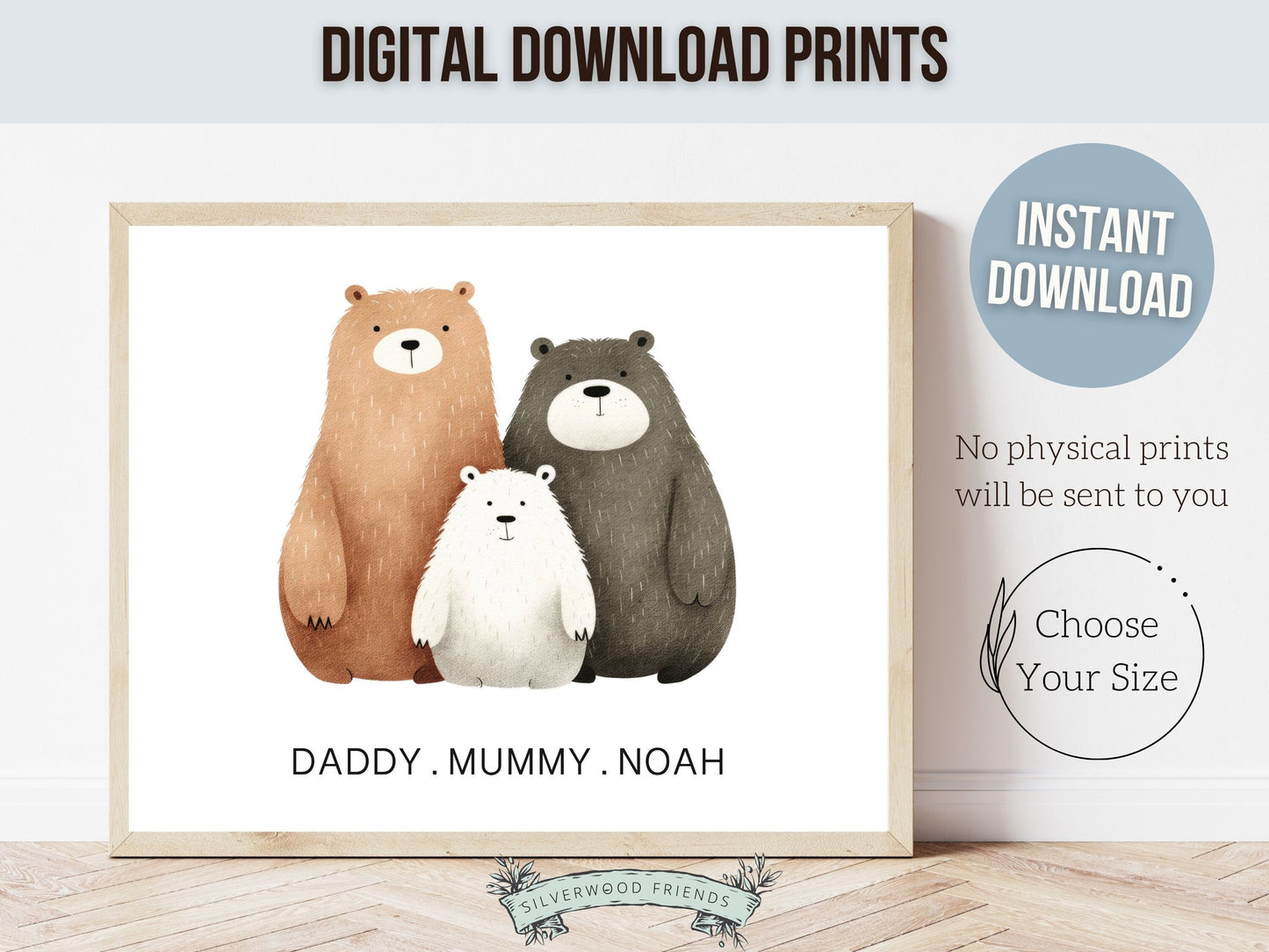 Bear Nursery Prints, Bear Nursery Decor, Woodland Nursery Decor, Personalised Family Print, Custom Baby Name, Neutral Nursery Digital Print