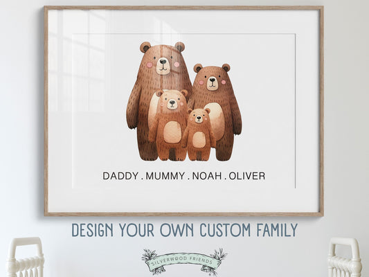 Create a personalised touch in your babys nursery or gift a cherished keepsake with our gorgeous personalised bear family nursery prints. Design your own custom family print by choosing your favourite bears. Unique gender neutral baby shower gift.