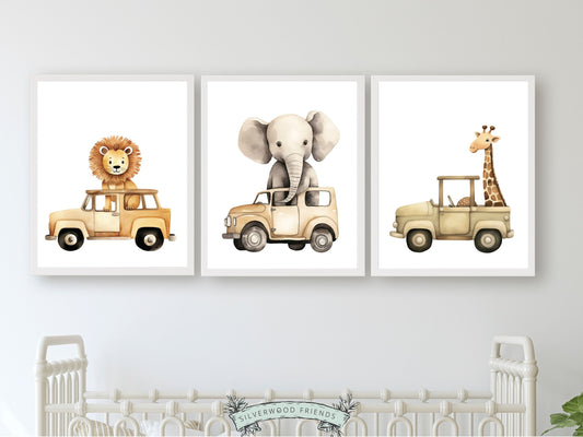 Transform your transport nursery decor with our charming Safari Animal Nursery Prints Set of 3, showcasing safari animals lion, elephant and giraffe driving cars. Perfect for your safari nursery decor and also makes a lovely neutral baby shower gift.