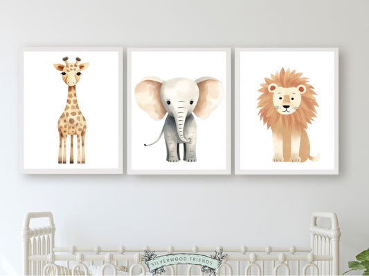 Our Safari Animal Nursery Prints Set of 3 featuring adorable watercolour illustrations of a giraffe, elephant, and lion, is the perfect addition for your safari nursery decor and also makes a lovely gender neutral baby shower gift.