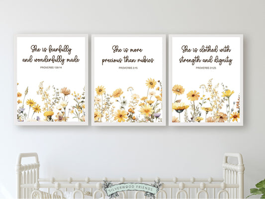 Our gorgeous Wildflower Christian Nursery Prints with yellow watercolour wildflower meadow flowers and Proverb bible verses in a modern, minimalist style, is perfect for your baby girl's nursery decor and also makes a thoughtful baby shower gift.