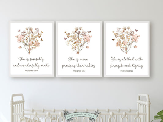 Our gorgeous Wildflower Christian Nursery Prints with pink watercolour wildflowers and Proverb bible verses in a modern, minimalist style, is perfect for your baby girl's nursery decor and also makes a unique baby shower gift.