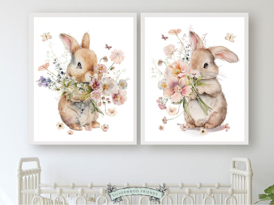 Our gorgeous Bunny Nursery Prints with watercolor bunny rabbits, wildflowers and butterflies are part of our BEST SELLING bunny nursery collection, and are perfect for your little girls nursery decor and also makes a unique baby shower gift.