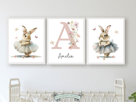 Our gorgeous custom Ballerina Bunny Nursery Prints with watercolour dancing bunny rabbits, wildflower's and butterflies, is perfect as custom nursery name prints for your new baby or as a unique baby shower gift.