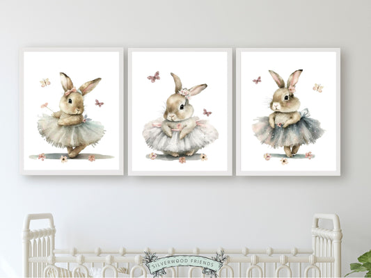 Our gorgeous Ballet Bunny Nursery Prints Set of 3 with watercolour bunny rabbits, wildflower's and butterflies, are perfect for your little girl's nursery decor and also makes a unique baby shower gift.