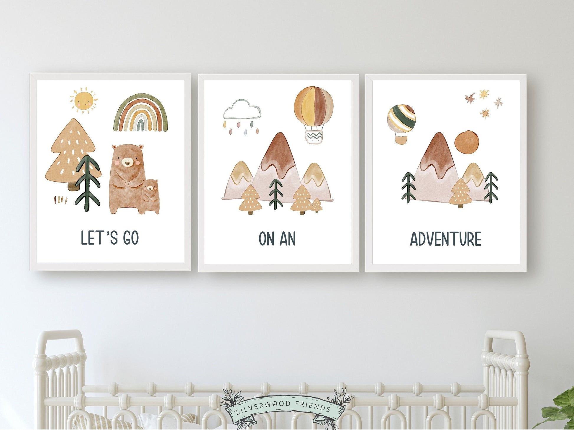 Transform your nursery with our Set of 3 Boho Adventure Nursery Prints, featuring watercolour boho mountains, a serene forest, and two adorable bears embarking on a journey. These prints bring a touch of magic with the uplifting message, Let's go on an adventure.