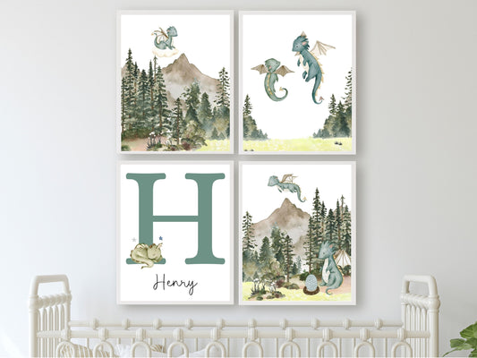 Our gorgeous Custom Baby Dragon Nursery Name Prints Set of 4 with watercolor dragons, clouds, and woodland forest, is perfect for your dragon nursery decor or fantasy theme nursery and also makes a unique gender neutral baby shower gift.