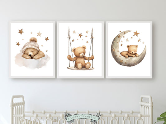 Teddy Bear Nursery Print, Teddy Bear Nursery Decor, Neutral Nursery Decor, Celestial Nursery Wall Art, Beige Teddy Bear Poster Digital Print