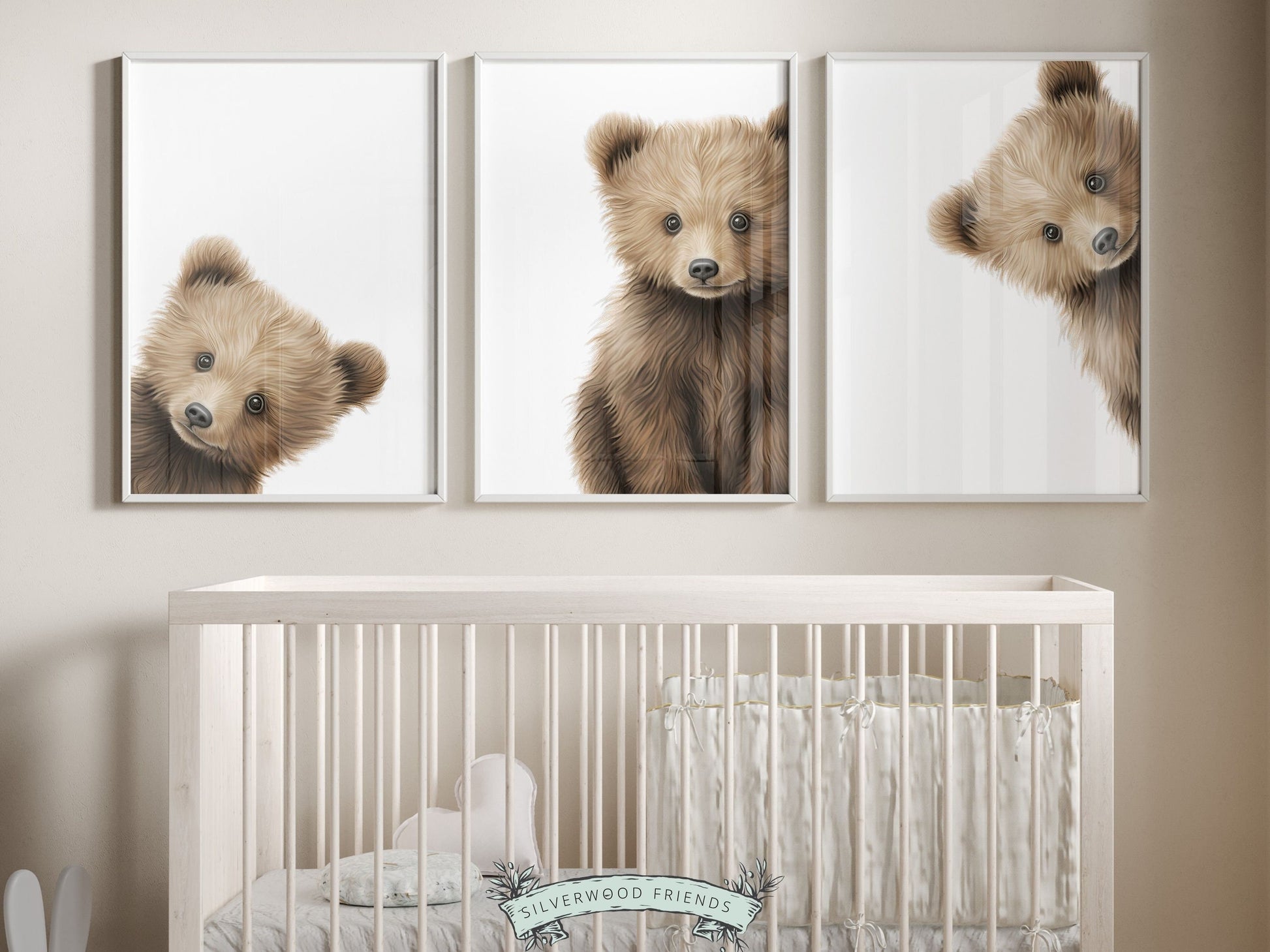 Our delightful minimalist Set of 3 Peeking Bear Nursery Prints features adorable peeking brown bears. Its perfect for your bear nursery decor or woodland nursery decor and also makes a unique baby shower gift.