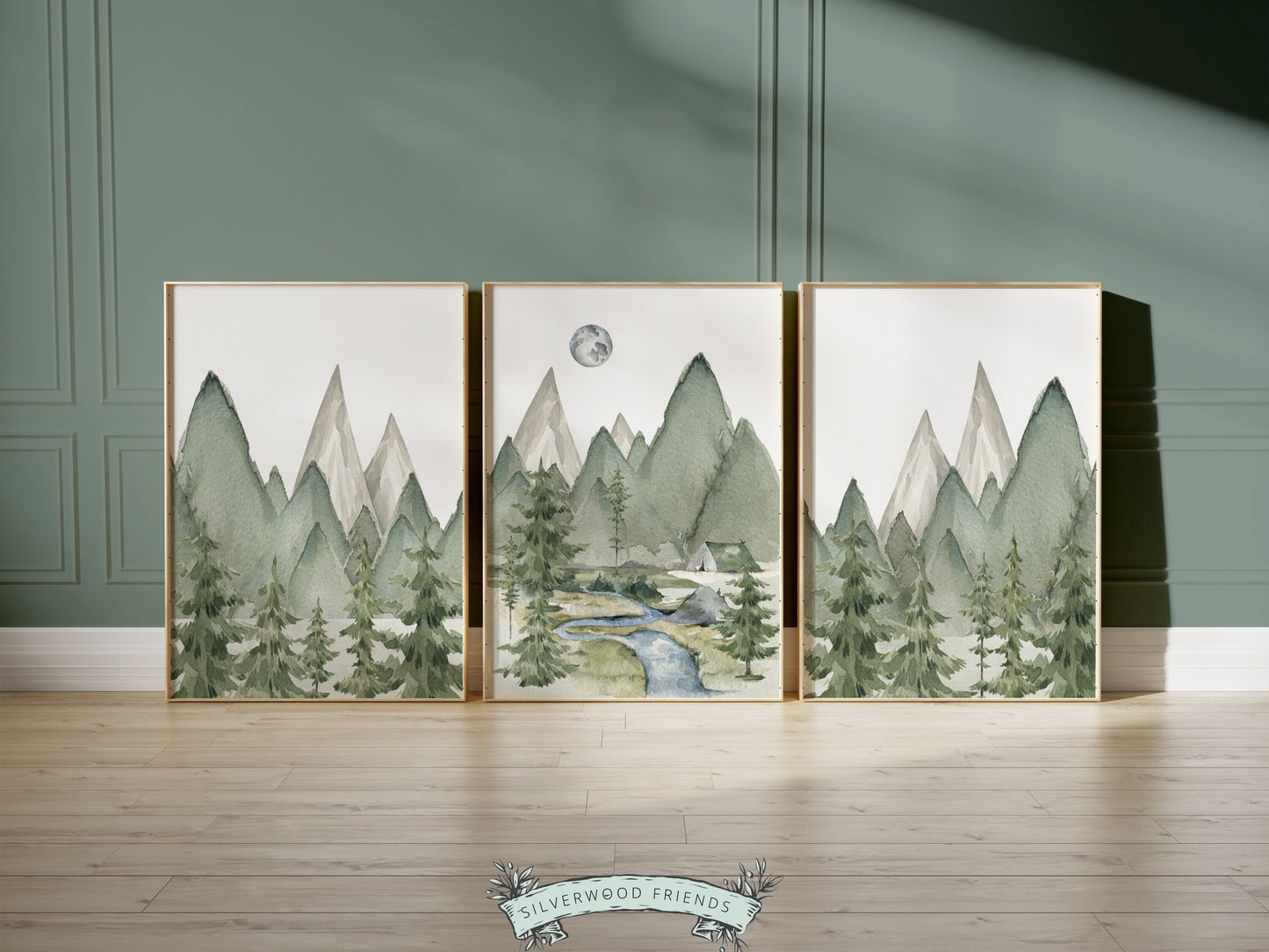 Set of 3 Mountain Print Set, Mountain Nursery Print, Green Woodland Forest Mountain Nursery Decor, Forest Nursery Digital Download Print