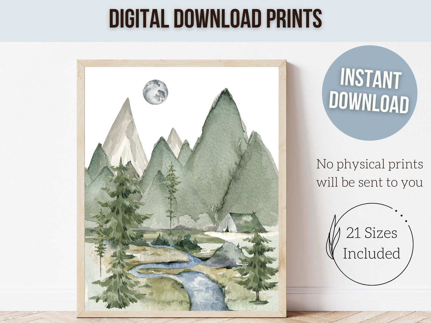 Set of 3 Mountain Print Set, Mountain Nursery Print, Green Woodland Forest Mountain Nursery Decor, Forest Nursery Digital Download Print