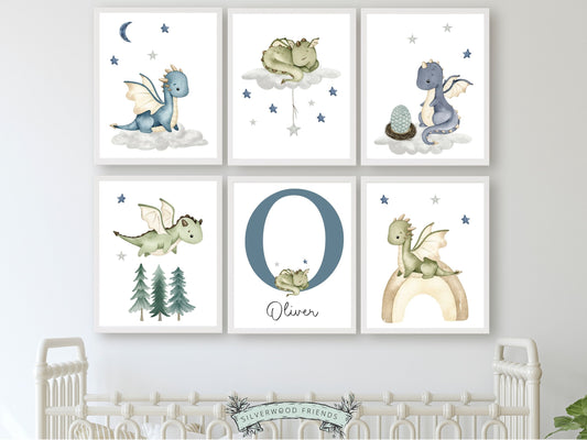 Our gorgeous Custom Baby Dragon Nursery Name Prints Set of 6 with watercolour dragons, clouds, and woodland forest, is perfect for your dragon nursery decor or fantasy theme nursery and also makes a unique gender neutral baby shower gift.