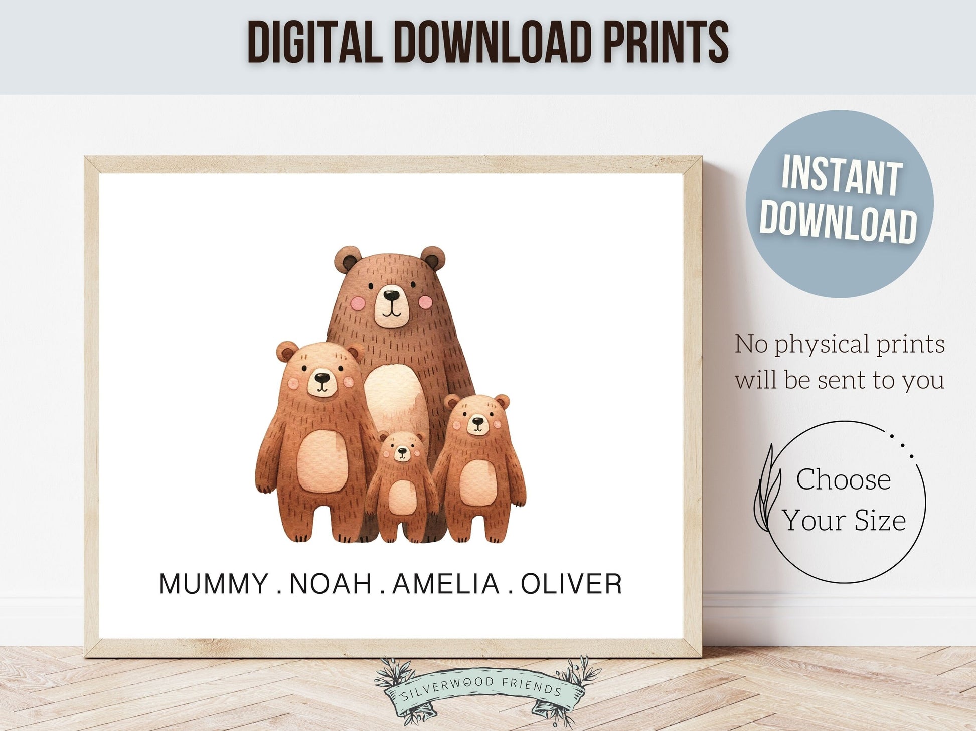 Bear Nursery Print, Bear Nursery Decor, Woodland Nursery Decor, Personalised Family Print, Custom Teddy Bear Neutral Nursery Digital Print