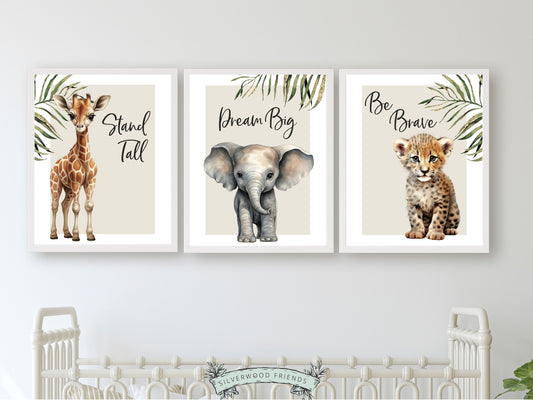 Our Safari Animal Quote Nursery Prints featuring adorable watercolour illustrations of a giraffe, elephant and tiger with jungle leaves and inspirational quotes, is the perfect addition for your safari nursery decor and also makes a lovely gender neutral baby shower gift.