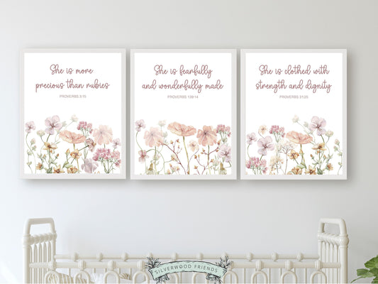 Our gorgeous Wildflower Christian Nursery Prints with pink watercolour wildflower meadow flowers and Proverb bible verses in a modern, minimalist style, is perfect for your baby girl's nursery decor and also makes a lovely baby shower gift.