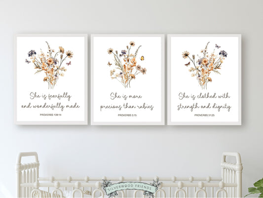 Our gorgeous Wildflower Christian Nursery Prints with boho watercolour wildflowers and Proverb bible verses in a modern, minimalist style, is perfect for your little girl's nursery decor and also makes a unique baby shower gift.