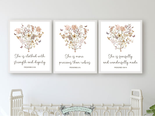 Our gorgeous Wildflower Christian Nursery Prints with pink watercolour wildflowers, butterflies and Proverb bible verses in a modern, minimalist style, is perfect for your baby girl's nursery decor and also makes a gorgeous baby shower gift.