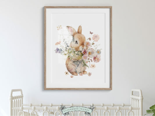 Our gorgeous Bunny Nursery Print with watercolor bunny rabbit, wildflowers and butterflies are part of our BEST SELLING bunny nursery collection, and are perfect for your little girls nursery decor and also makes an adorable baby shower gift.