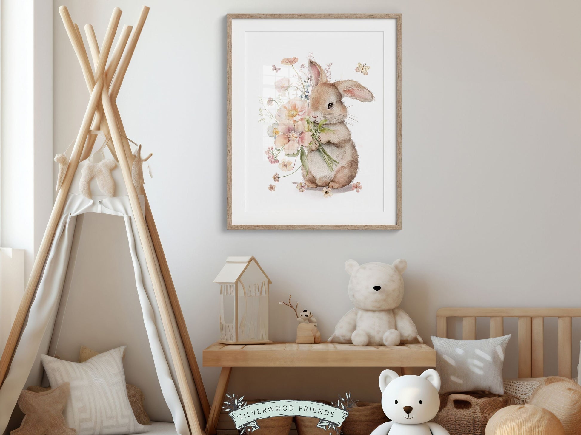 Bunny Nursery Print, Floral Bunny Nursery Wall Art, Wildflower Nursery Decor, Girl Nursery Bedroom Print, Wild Flower Nursery Digital Print