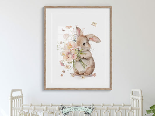 Our gorgeous Bunny Nursery Print with watercolor bunny rabbit, butterflies and wildflowers are part of our BEST SELLING bunny nursery collection, and are perfect for your little girls bedroom decor and also makes an adorable baby shower gift.