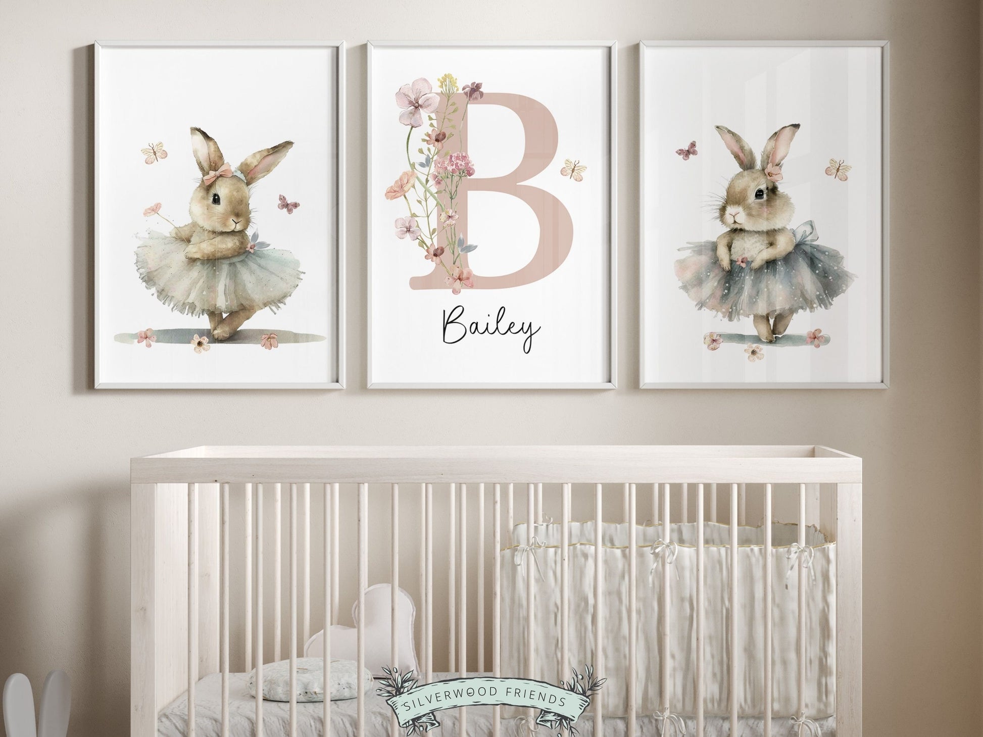 Our gorgeous custom Ballerina Bunny Nursery Prints with watercolor dancing bunny rabbits, wildflowers and butterflys, is perfect as custom nursery name prints for your new baby or as a unique baby shower gift.