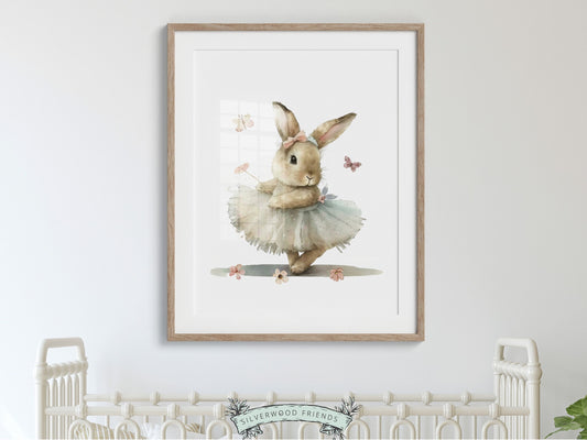 Our gorgeous Bunny Ballet Nursery Print with watercolor ballerina bunny rabbit, wildflowers and butterflies, is perfect for your little girls bedroom decor and also makes an adorable baby shower gift.