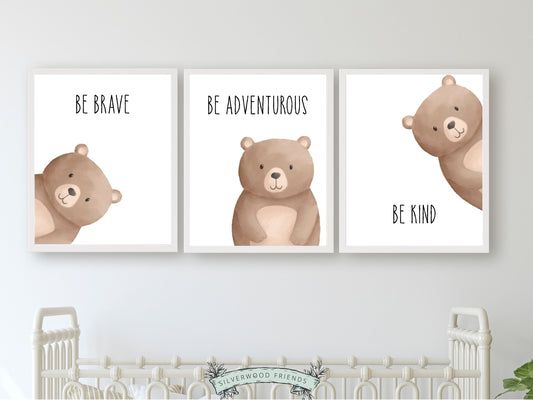 Our delightful minimalist Set of 3 Peeking Bear Nursery Prints is part of our BEST SELLING Peeking Bear Nursery Collection, and features adorable peeking brown bears with inspirational quotes, Be Brave, Be Adventurous, Be Kind.