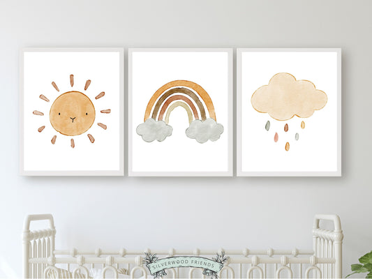 Our Set of 3 Boho Baby Nursery Prints, featuring a sun, rainbow and cloud, will create a harmonious and dreamy atmosphere in your little ones nursery and also makes the perfect gender neutral baby shower gift.