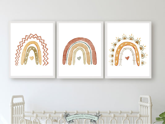 Our Set of 3 Boho Rainbow Nursery Prints, featuring watercolour rainbows in lovely earthy colours, will create a harmonious and dreamy atmosphere in your little ones nursery and also makes the perfect gender neutral baby shower gift.