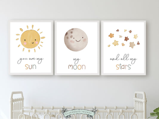 Our Set of 3 Boho Baby Nursery Prints, featuring watercolour sun, moon, and stars, along with the loving and positive quote "You are my sun, my moon, and all my stars" will create a dreamy atmosphere in your babys nursery.