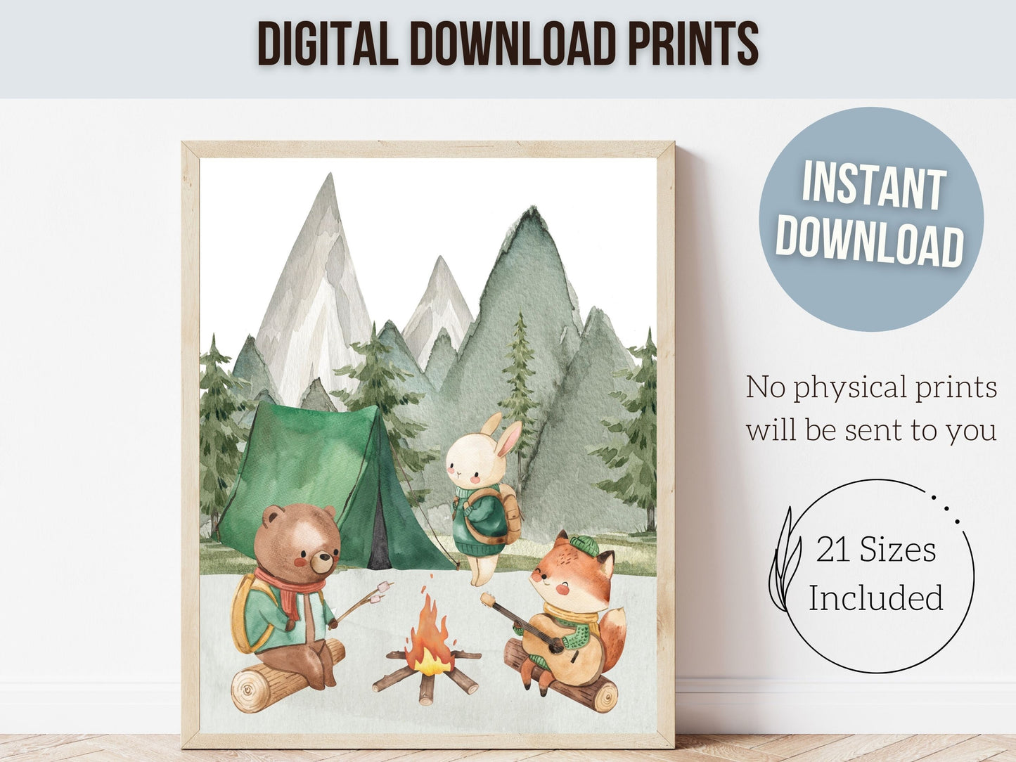 Camping Nursery Prints, Woodland Hiking Nursery Decor, Bear Nursery Wall Art, Nature Nursery Picture, Forest Mountains Nursery Digital Print