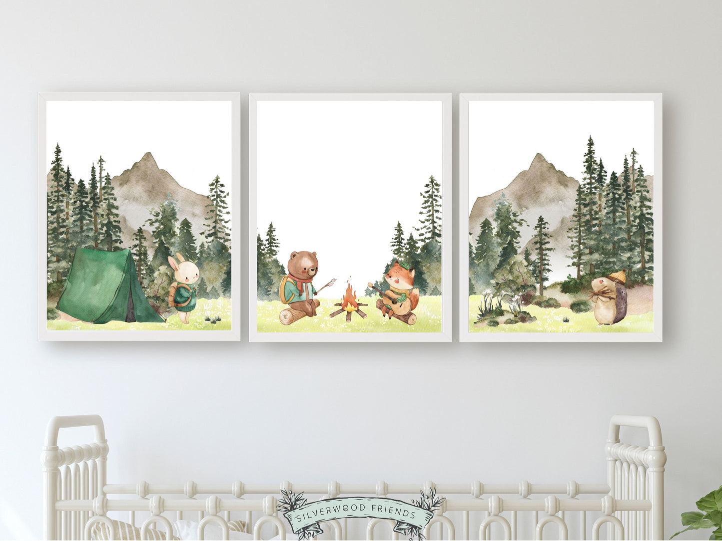 Watercolour Camping Nursery Prints with woodland forest animals and mountain landscape are the perfect addition to your babys woodland nursery decor and also make a lovely woodland baby shower gift.