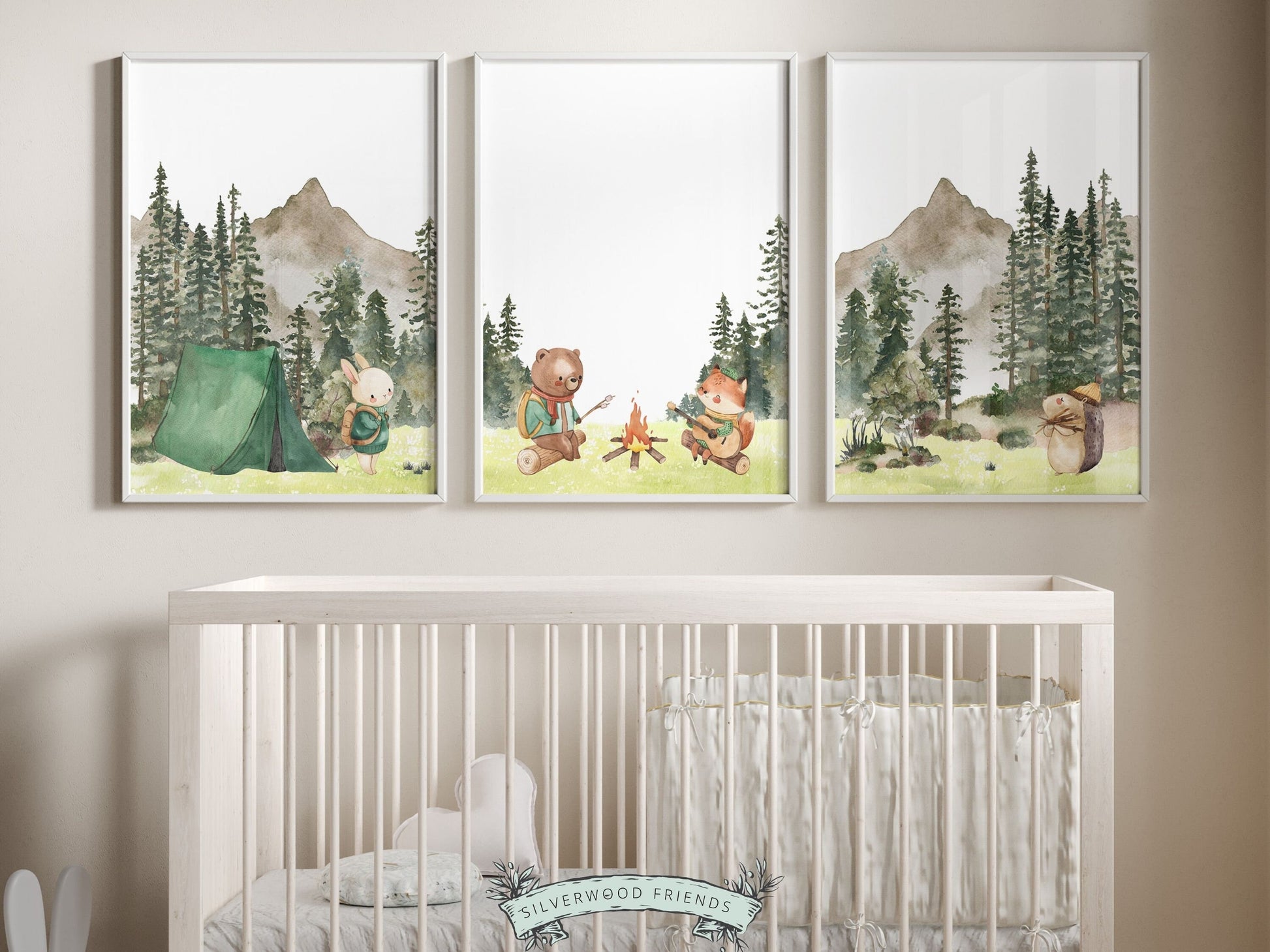 Our adorable watercolor Camping Nursery Prints with woodland forest animals and mountain landscape are the perfect addition to your babys woodland nursery decor and also make a lovely woodland baby shower gift.