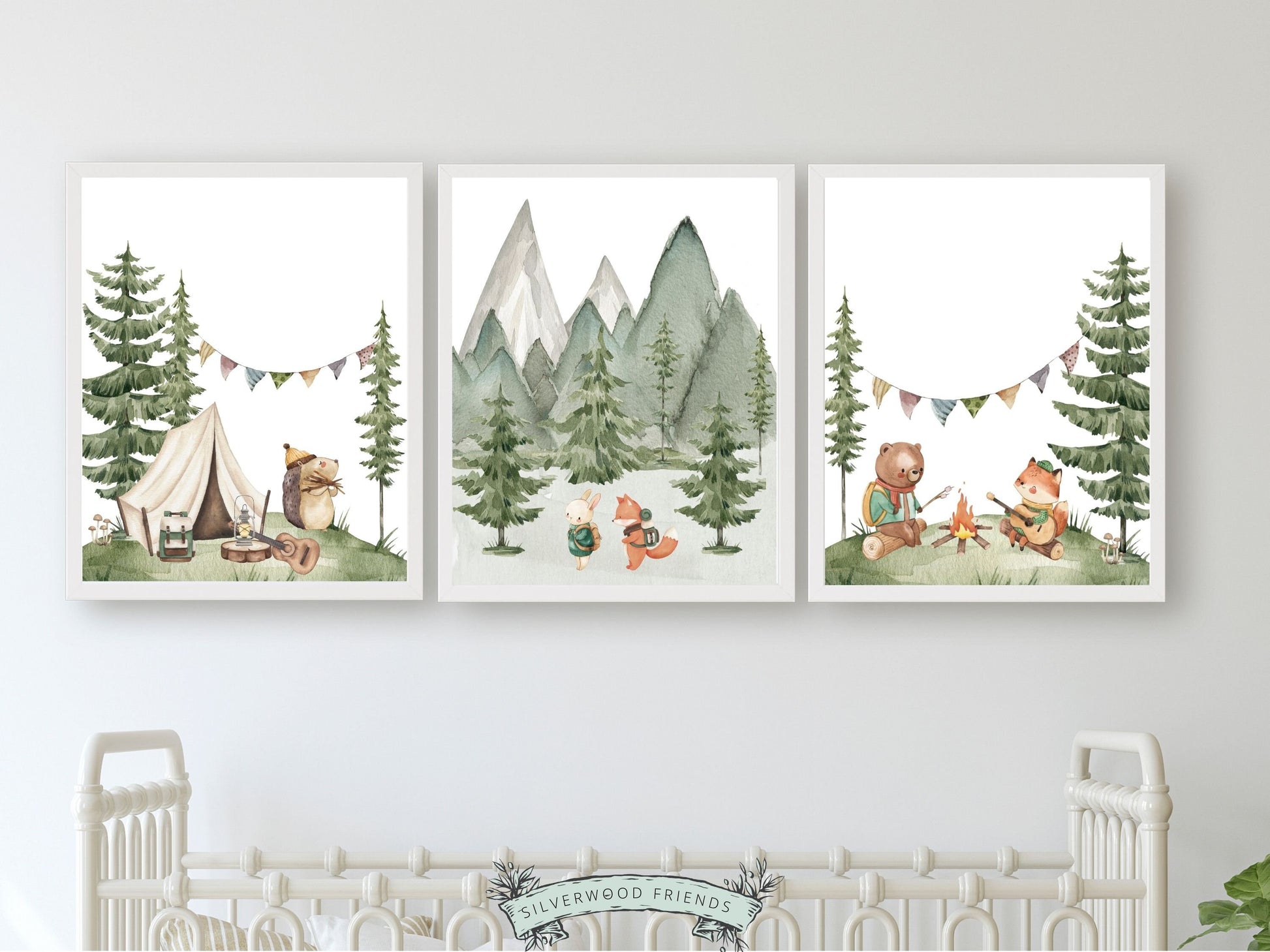 Our adorable watercolour Animals Camping Nursery Prints with woodland forest animals and mountain landscape are the perfect addition to your babys woodland nursery or forest theme bedroom and also make a lovely woodland baby shower gift.