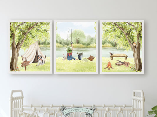 Our adorable watercolour Fishing Nursery Prints are the perfect addition to your babys camping nursery decor or nature themed nursery and also make a lovely woodland baby shower gift.