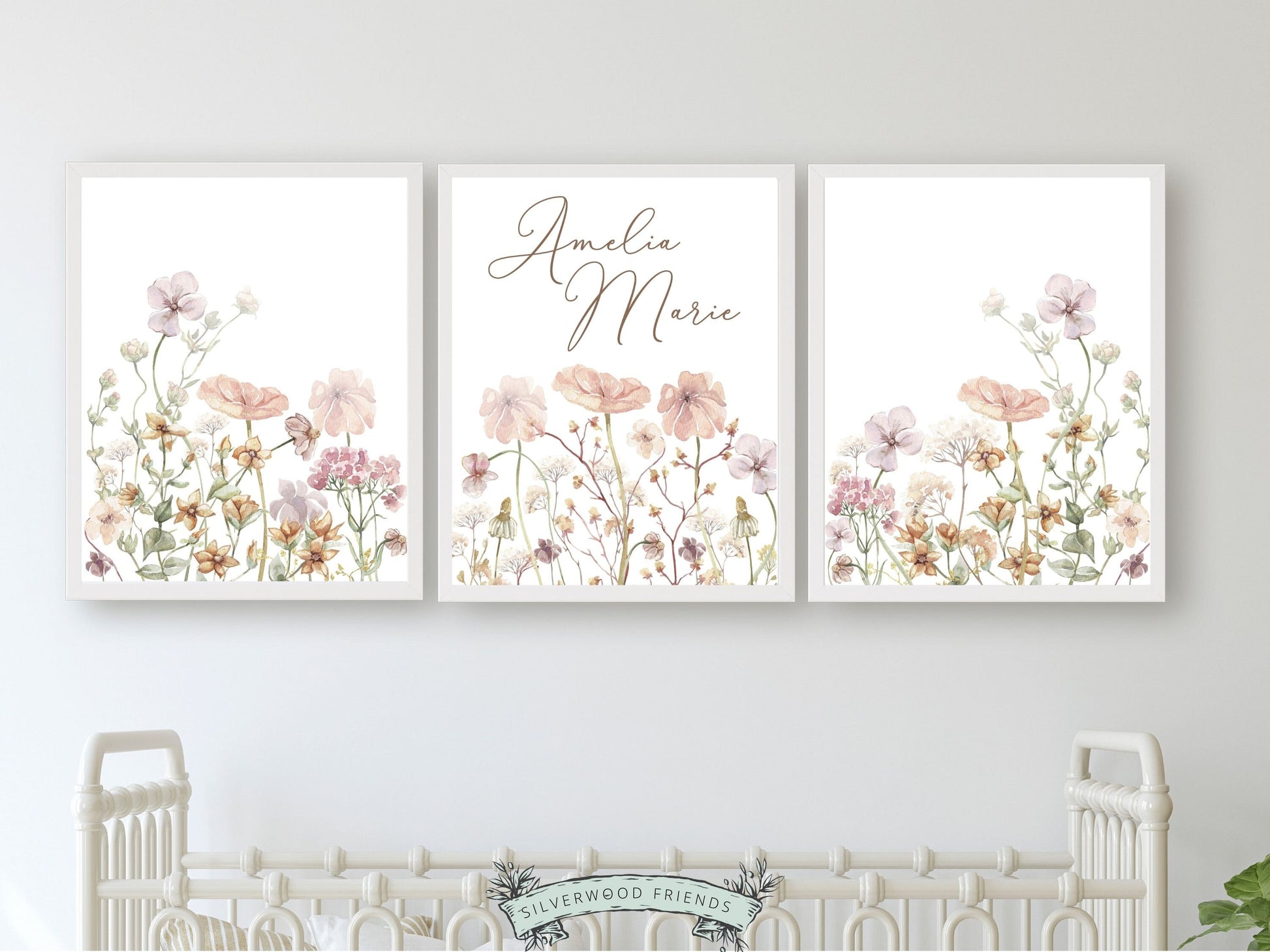 Our gorgeous custom wildflower nursery name prints with pink watercolor meadow wildflowers, is perfect as a custom nursery print set for your new baby and also makes an adorable baby shower gift.