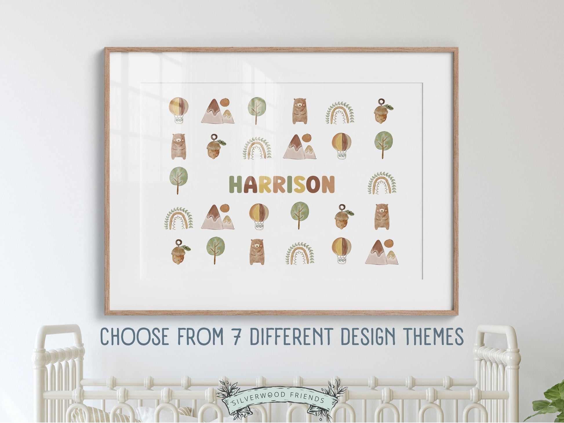 Create a personalised touch in your babys nursery with our gorgeous woodland nursery name sign print. Choose your design from the list of 7 design themes and add your custom name. Perfect for your woodland nursery decor or as a baby shower gift.