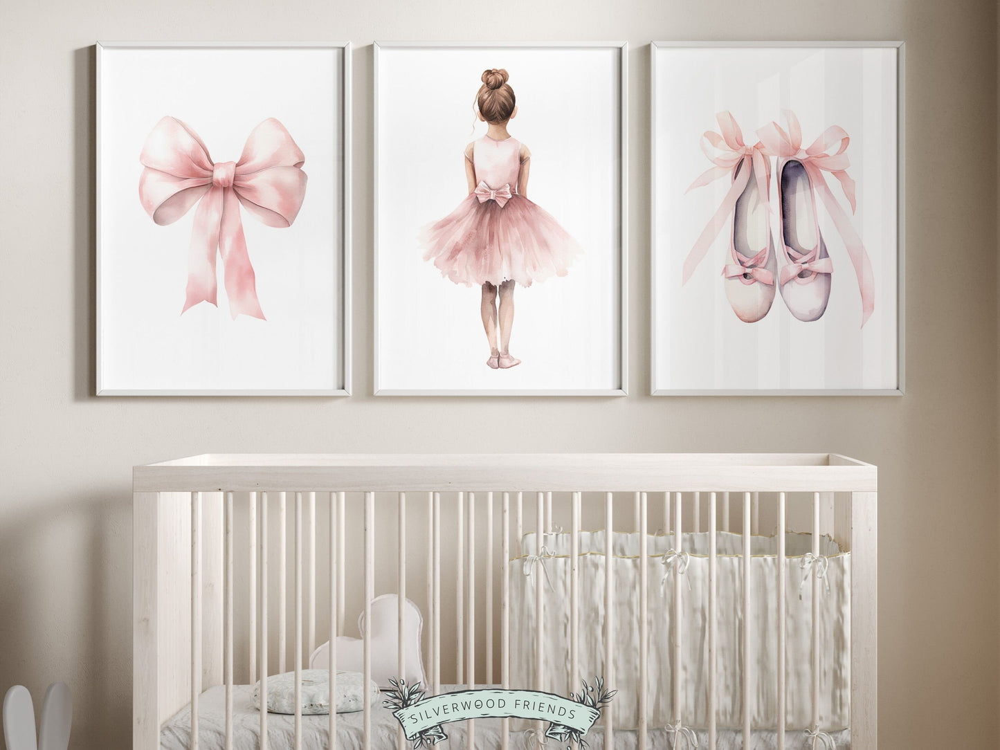 Set of 3 Ballet Nursery Prints, featuring a ballerina, bow, and ballet slippers. Perfect for your ballet themed nursery or dance inspired bedroom, these charming prints inspire imagination and foster a love for ballet.