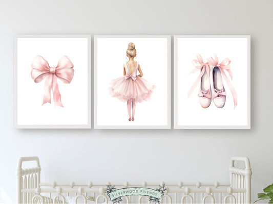 Set of 3 Ballet Nursery Prints, featuring a ballerina, bow, and ballet slippers. Perfect for your ballet nursery decor or dance inspired bedroom, these charming prints inspire imagination and foster a love for ballet