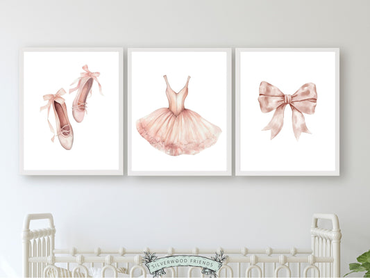 Set of 3 Ballet Prints. These whimsical artworks are an ideal addition to ballet nursery decor, creating a dreamy ambiance or making for a distinctive baby girls baby shower gift that captivates the magic of twirls and tiptoes.