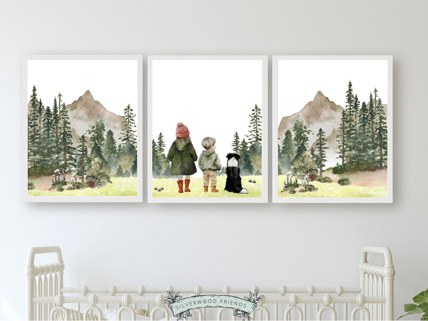 Our adorable Camping Nursery Prints featuring watercolour woodland forest and mountain landscape with a little girl, a boy and their dog, is the perfect addition to your babys woodland nursery decor and also makes a unique baby shower gift.