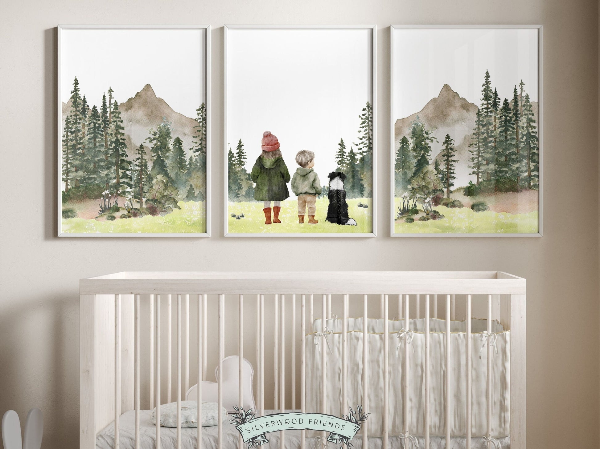 Our adorable Camping Nursery Prints featuring watercolor woodland forest and mountain landscape with a little girl, a boy and their dog, is the perfect addition to your babys woodland nursery decor and also makes a unique baby shower gift.