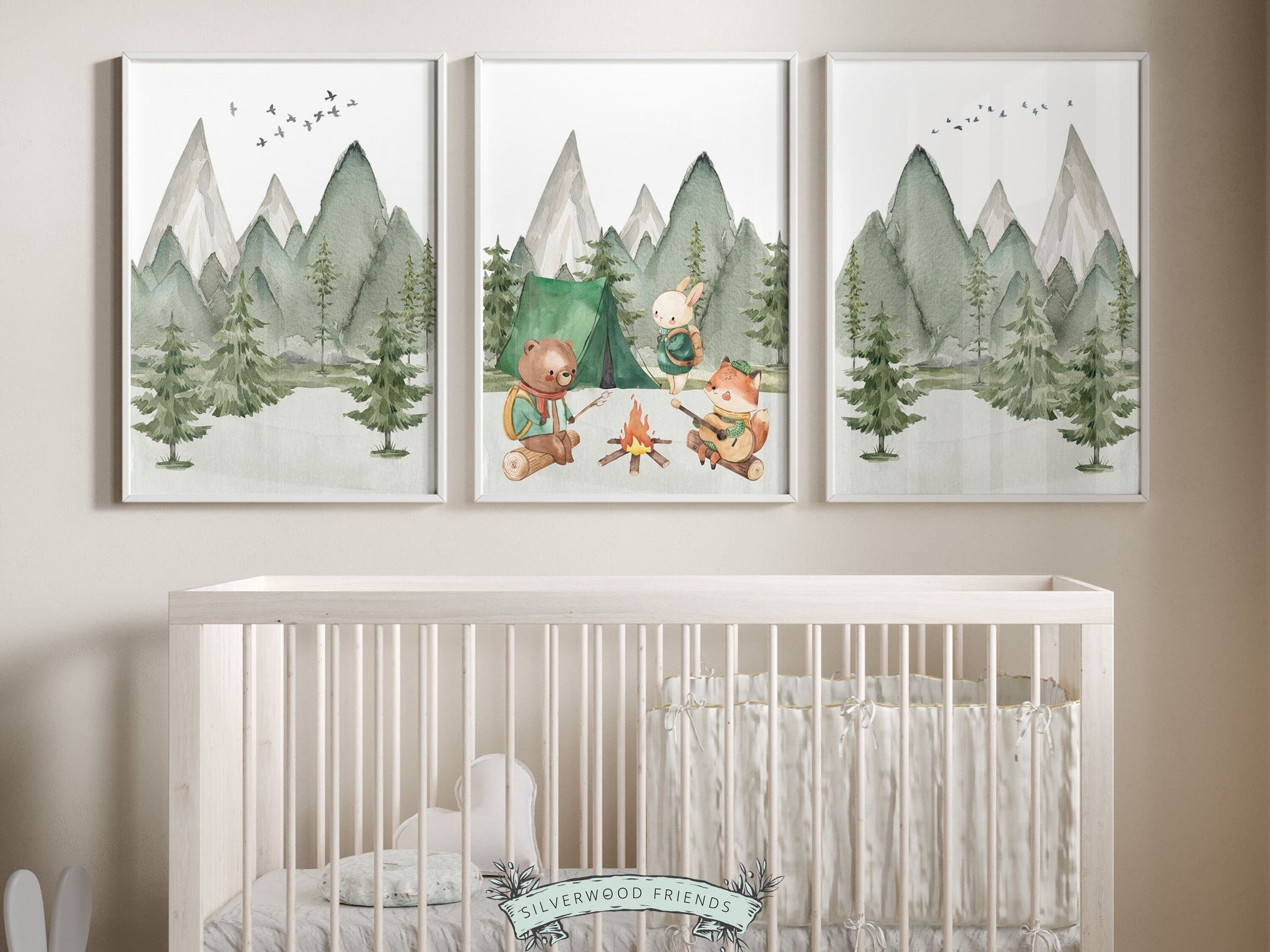 Our adorable watercolor baby bear, fox and bunny Camping Nursery Prints with woodland forest and mountain landscape are the perfect addition to your babys woodland nursery decor and also make a lovely woodland baby shower gift.