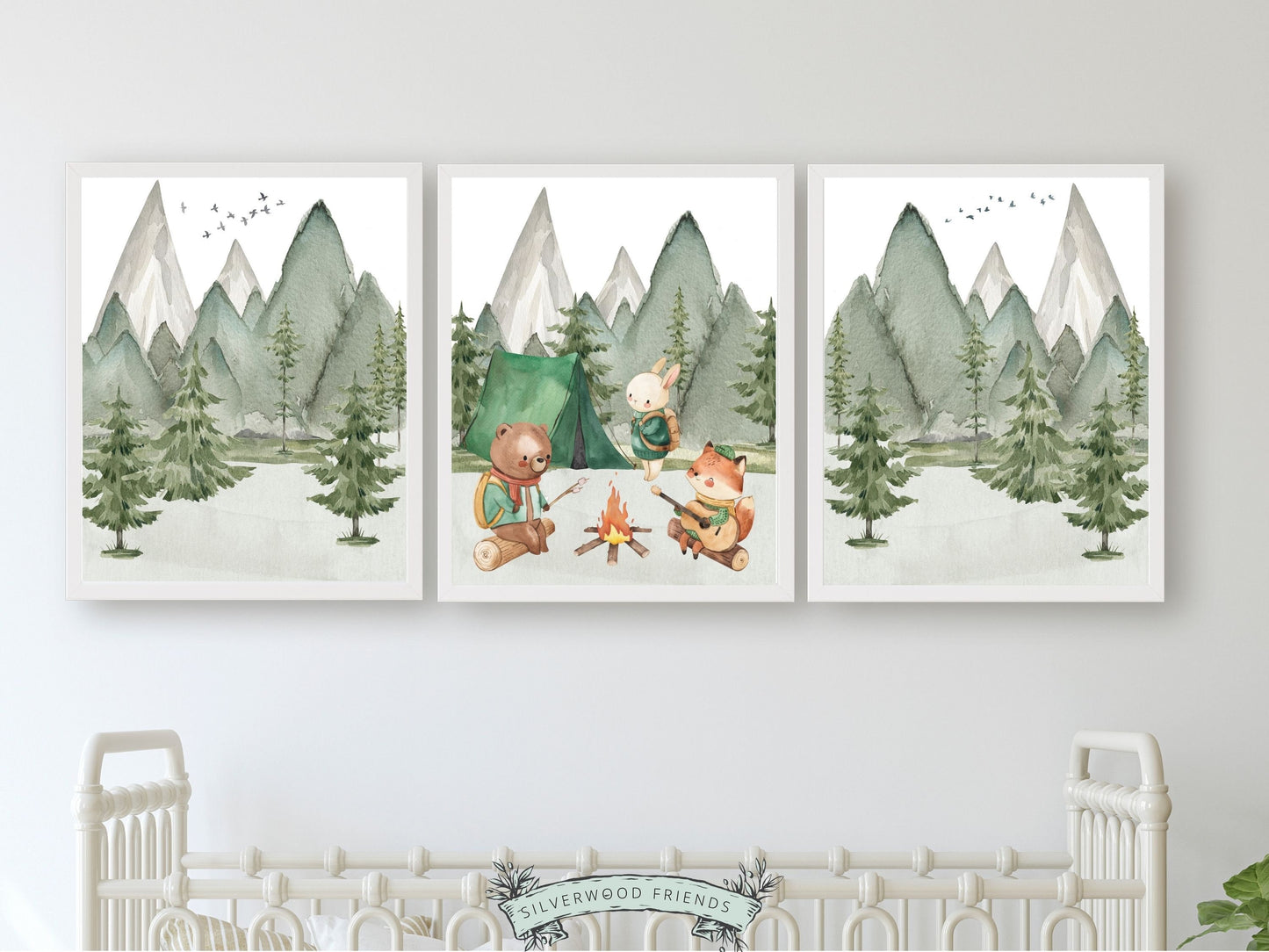 Our adorable watercolour baby bear, fox and bunny Camping Nursery Print Set of 3 with woodland forest and mountain landscape are the perfect addition to your babys woodland nursery decor and also make a lovely woodland baby shower gift.