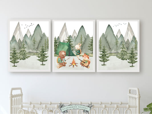 Our adorable watercolour baby bear, fox and bunny Camping Nursery Print Set of 3 with woodland forest and mountain landscape are the perfect addition to your babys woodland nursery decor and also make a lovely woodland baby shower gift.