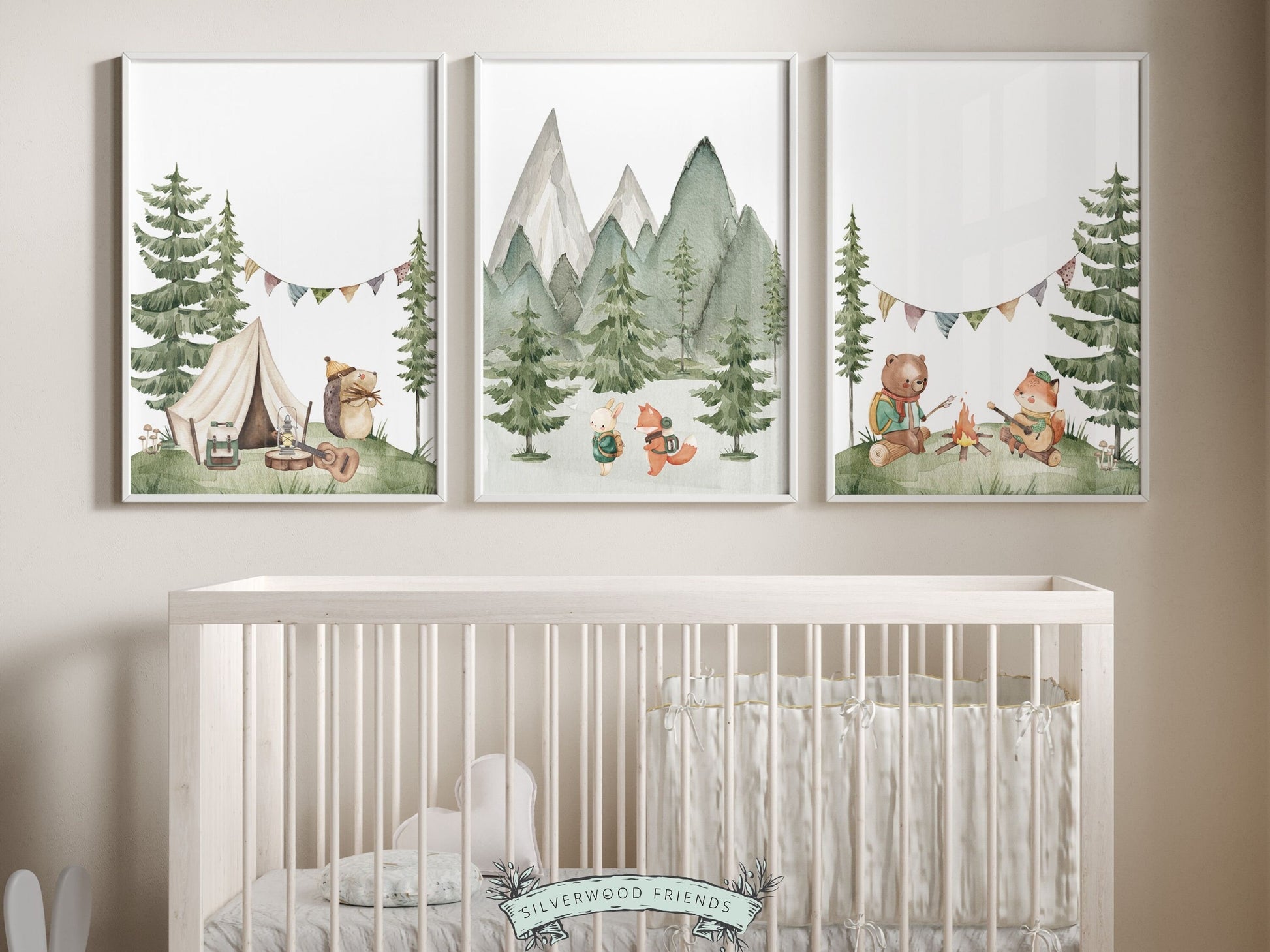 Our adorable watercolor Camping Nursery Prints with woodland forest animals and mountain landscape are the perfect addition to your babys woodland nursery or forest theme bedroom and also make a lovely woodland baby shower gift.